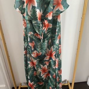 Large green and pink floral print off shoulder maxi dress.